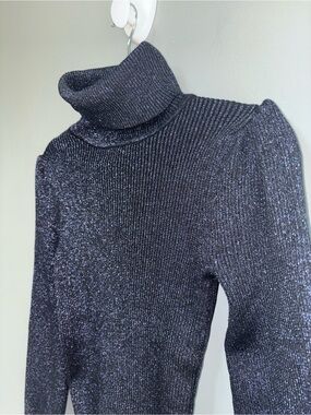 Carmen Marc Valvo Black & Dark Blue Metallic Shimmer Ribbed Turtleneck Size XS